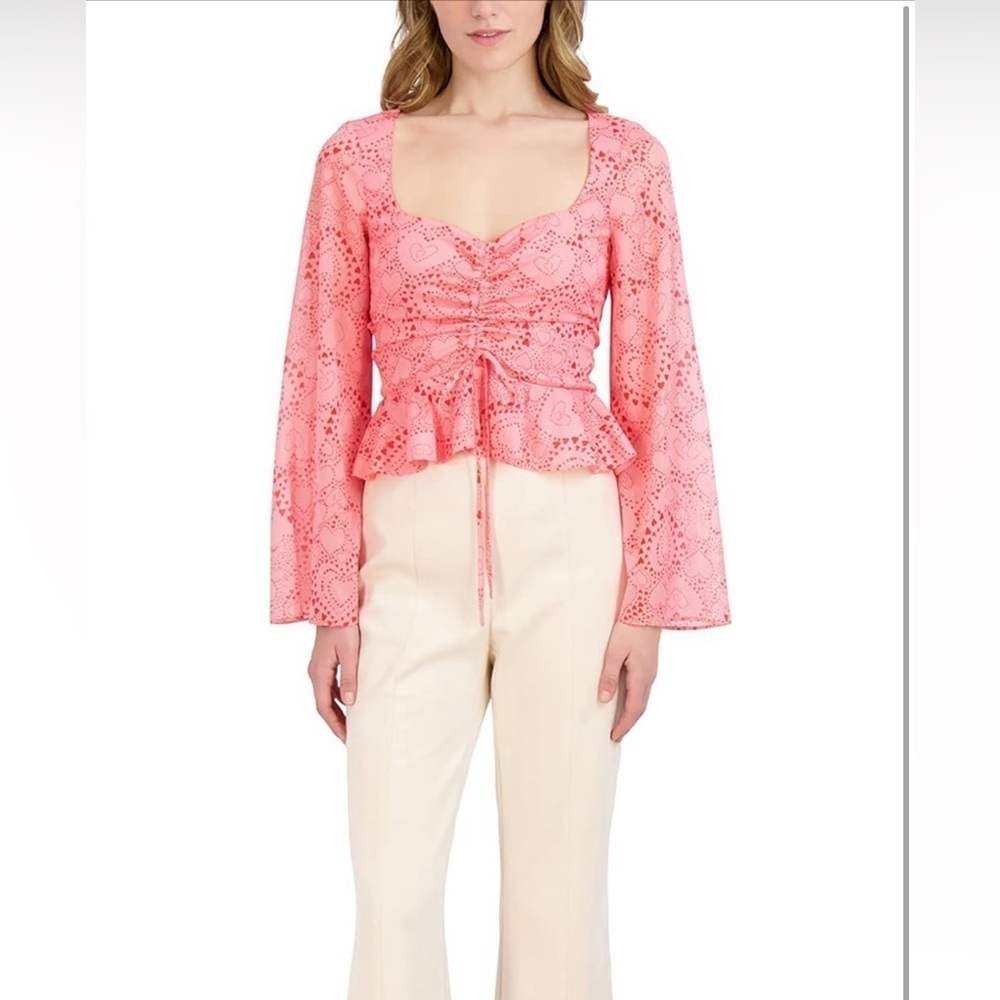 NWT Medium BCBG Women's Split Neck Blouse, BEATING HEARTS PINK